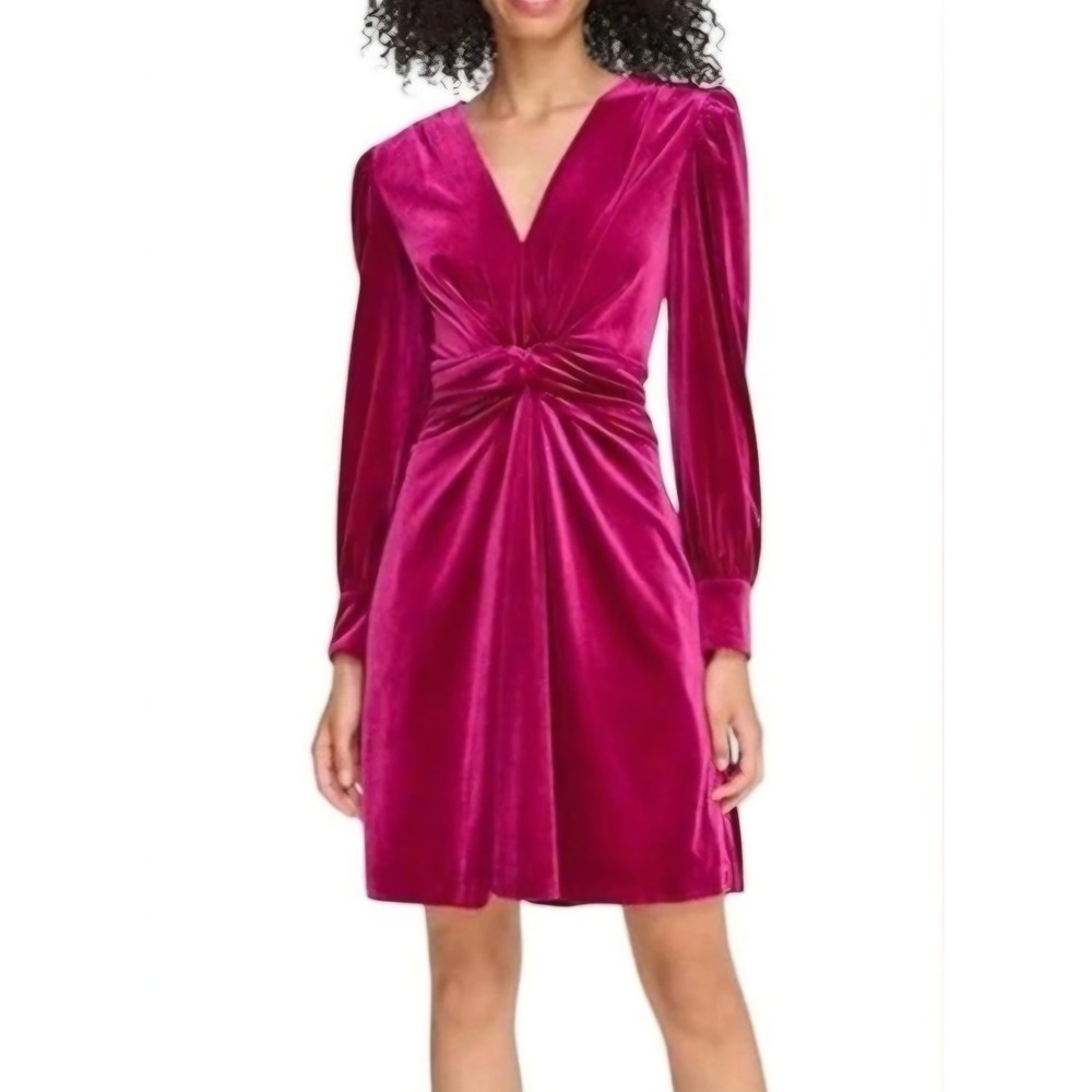 Vince Camuto Magenta Pink Velvet Twist Front V-Neck Long Sleeve Dress 8
